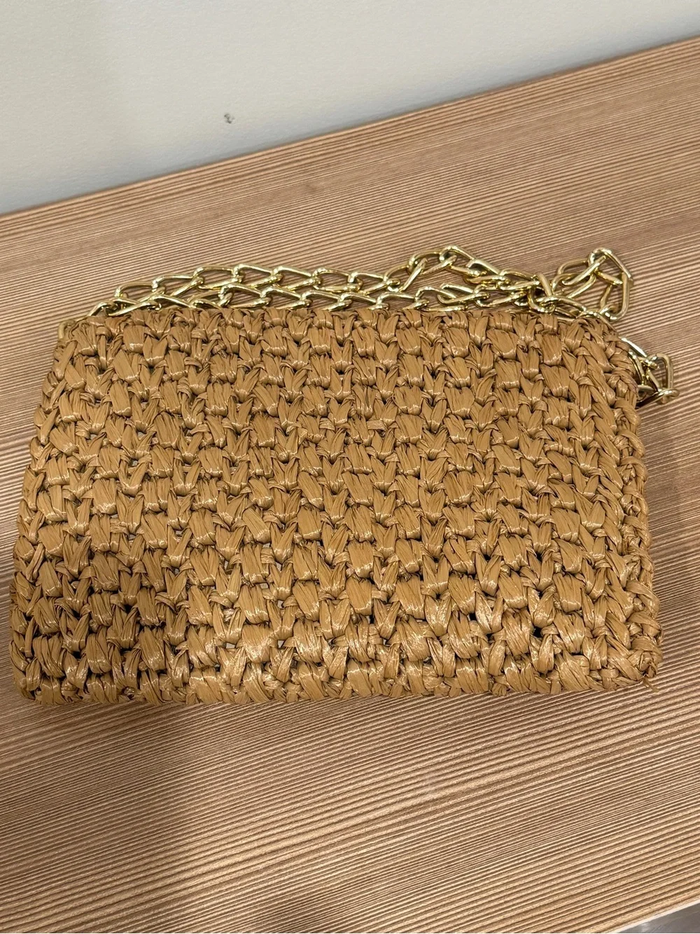 Vintage RODO Italy Woven Raffia Crochet Flap Crossbody Bag Clutch Gold Chain